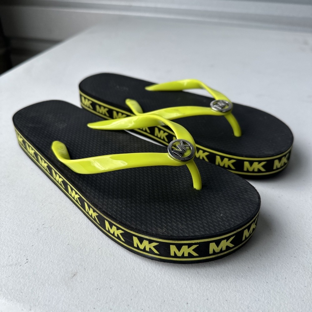 MICHAEL KORS MK Signature Flip Flops Flat Sandals Thongs Green Brown US Size 8